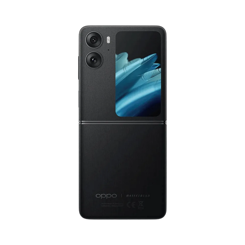 Smartphone Oppo Find N2 Flip en vue arrière couleur noire, double module photo et écran secondaire bien visibles. Photo iTelier Lyon pour réparation vitre arrière, batterie et diagnostic gratuit garanti.