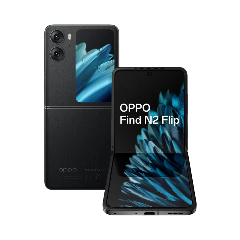 Photo Oppo Find N2 Flip en vue avant avec écran principal allumé et arrière noir visible, angle trois quarts. Image optimisée iTelier Lyon pour réparation écran pliable, batterie, diagnostic gratuit et pièces garanties.