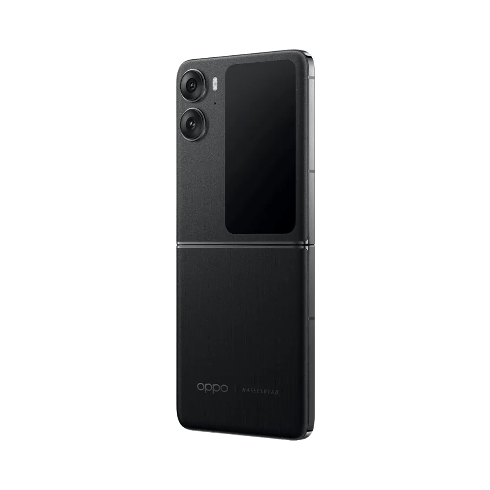 Oppo Find N2 Flip présenté de profil noir, finesse et charnière pliable clairement visibles. Image optimisée iTelier Lyon pour réparation charnière, boutons et diagnostic gratuit avec garantie.