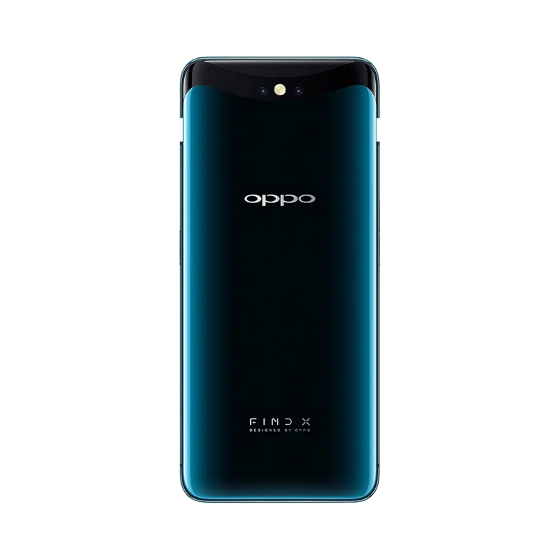 Smartphone Oppo Find X en vue arrière bleu foncé dégradé, module photo escamotable centré discret. Photo iTelier Lyon pour réparation vitre arrière, batterie et diagnostic gratuit avec garantie.