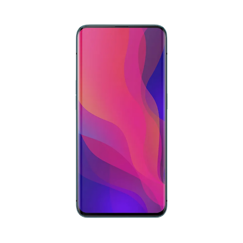 Oppo Find X affiché en vue frontale avec écran allumé sur fond dégradé rose et violet. Illustration iTelier Lyon pour réparation écran AMOLED, vitre tactile, diagnostic offert et service rapide garanti.