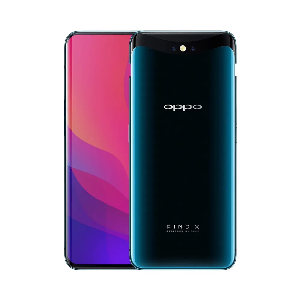 Photo Oppo Find X en vue avant avec écran allumé et arrière bleu foncé visible, angle trois quarts. Image optimisée iTelier Lyon pour réparation écran incurvé, batterie, diagnostic gratuit et pièces garanties.
