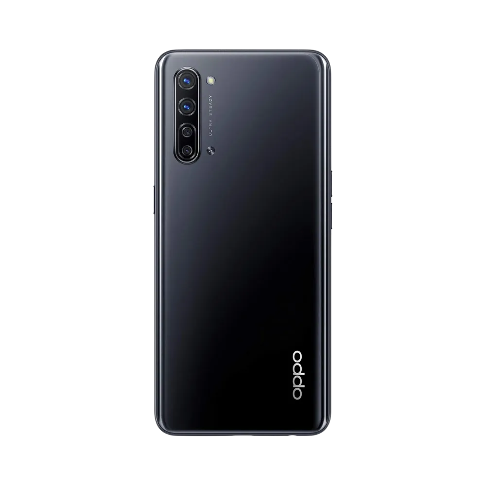 Smartphone Oppo Find X2 Lite en vue arrière couleur noire, quadruple module photo vertical bien visible en haut à gauche. Photo iTelier Lyon pour réparation vitre arrière, batterie et diagnostic gratuit.