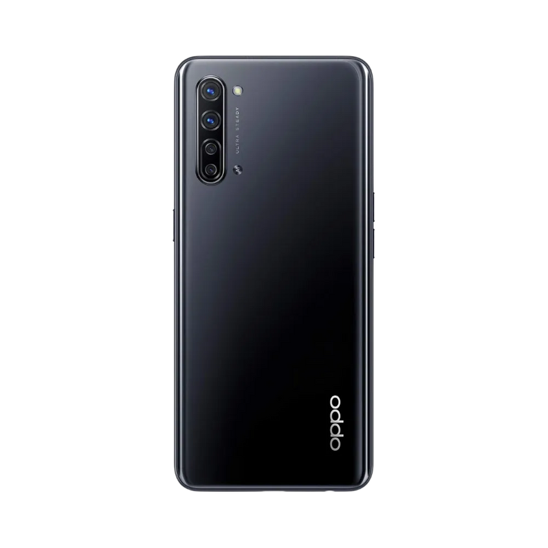 Smartphone Oppo Find X2 Lite en vue arrière couleur noire, quadruple module photo vertical bien visible en haut à gauche. Photo iTelier Lyon pour réparation vitre arrière, batterie et diagnostic gratuit.