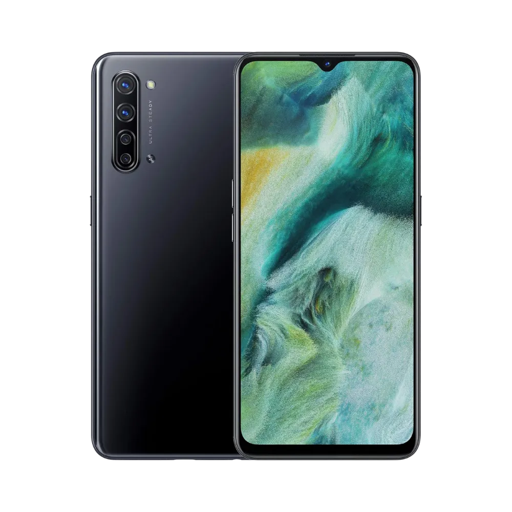 Photo Oppo Find X2 Lite en vue avant avec écran allumé et arrière noir visible, angle trois quarts. Image optimisée iTelier Lyon pour réparation écran AMOLED, batterie, diagnostic gratuit et pièces garanties.