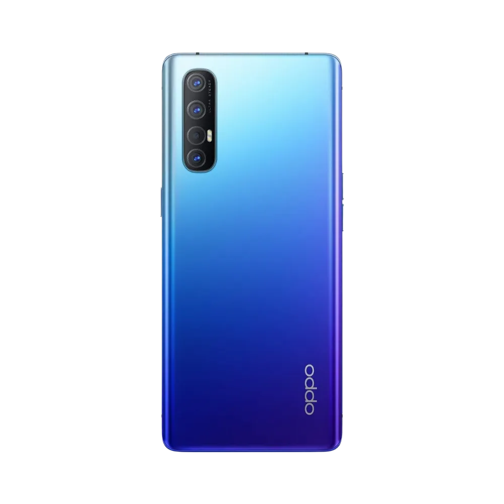 Smartphone Oppo Find X2 Neo en vue arrière couleur bleu-violet dégradé, quadruple module photo vertical en haut à gauche. Photo iTelier Lyon pour réparation vitre arrière, batterie et diagnostic gratuit.