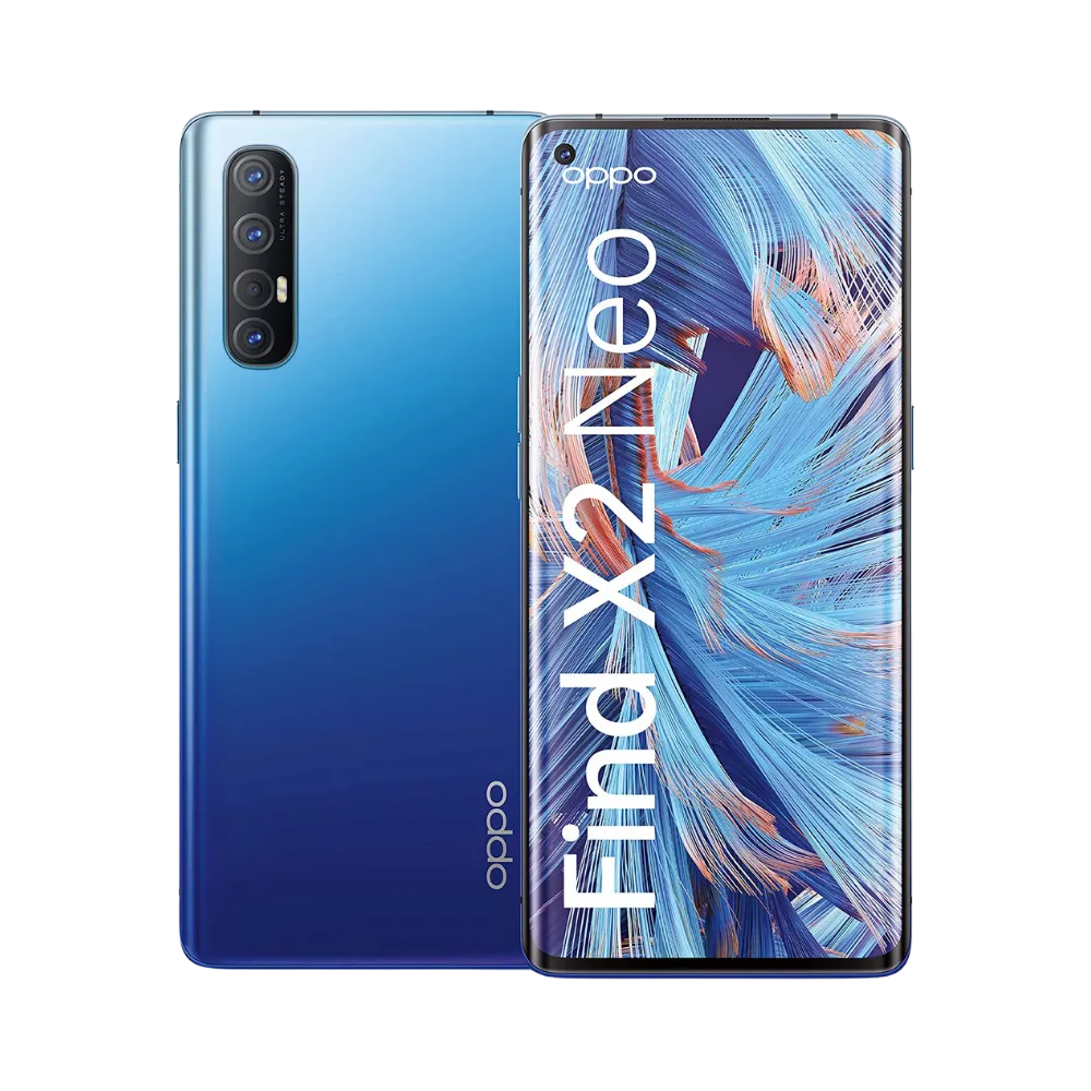 Photo Oppo Find X2 Neo en vue avant avec écran allumé et arrière bleu dégradé visible, angle trois quarts. Image optimisée iTelier Lyon pour réparation écran AMOLED, batterie, diagnostic gratuit et pièces garanties.