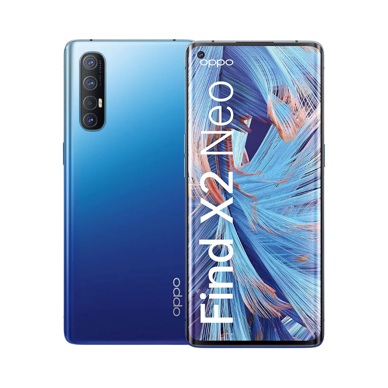 Photo Oppo Find X2 Neo en vue avant avec écran allumé et arrière bleu dégradé visible, angle trois quarts. Image optimisée iTelier Lyon pour réparation écran AMOLED, batterie, diagnostic gratuit et pièces garanties.