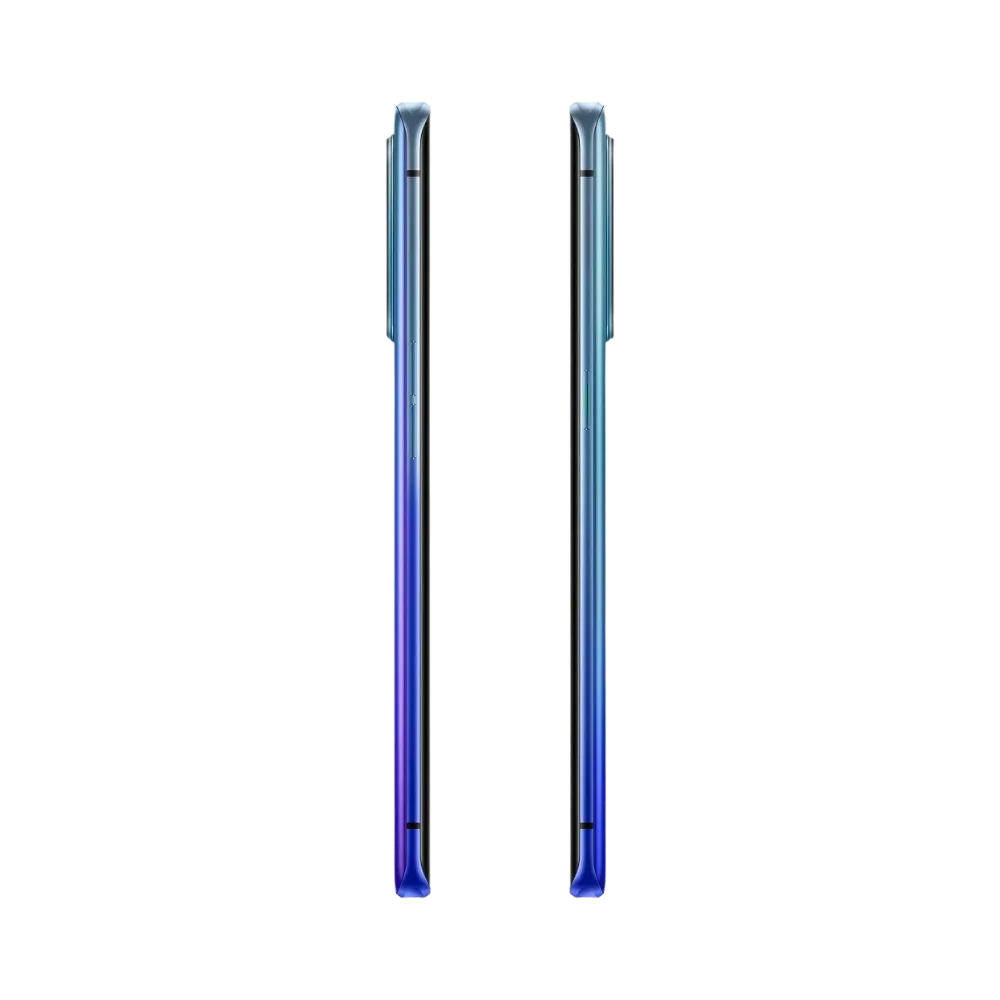 Oppo Find X2 Neo présenté de profil gauche et droit, finesse du châssis bleu et boutons latéraux visibles. Image optimisée iTelier Lyon pour réparation boutons, connecteur et diagnostic gratuit avec garantie.