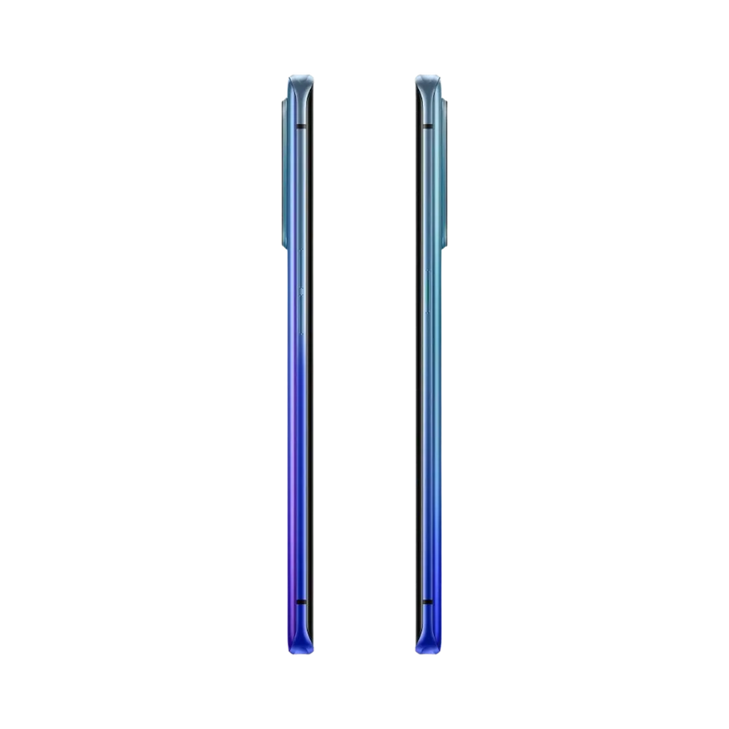 Oppo Find X2 Neo présenté de profil gauche et droit, finesse du châssis bleu et boutons latéraux visibles. Image optimisée iTelier Lyon pour réparation boutons, connecteur et diagnostic gratuit avec garantie.