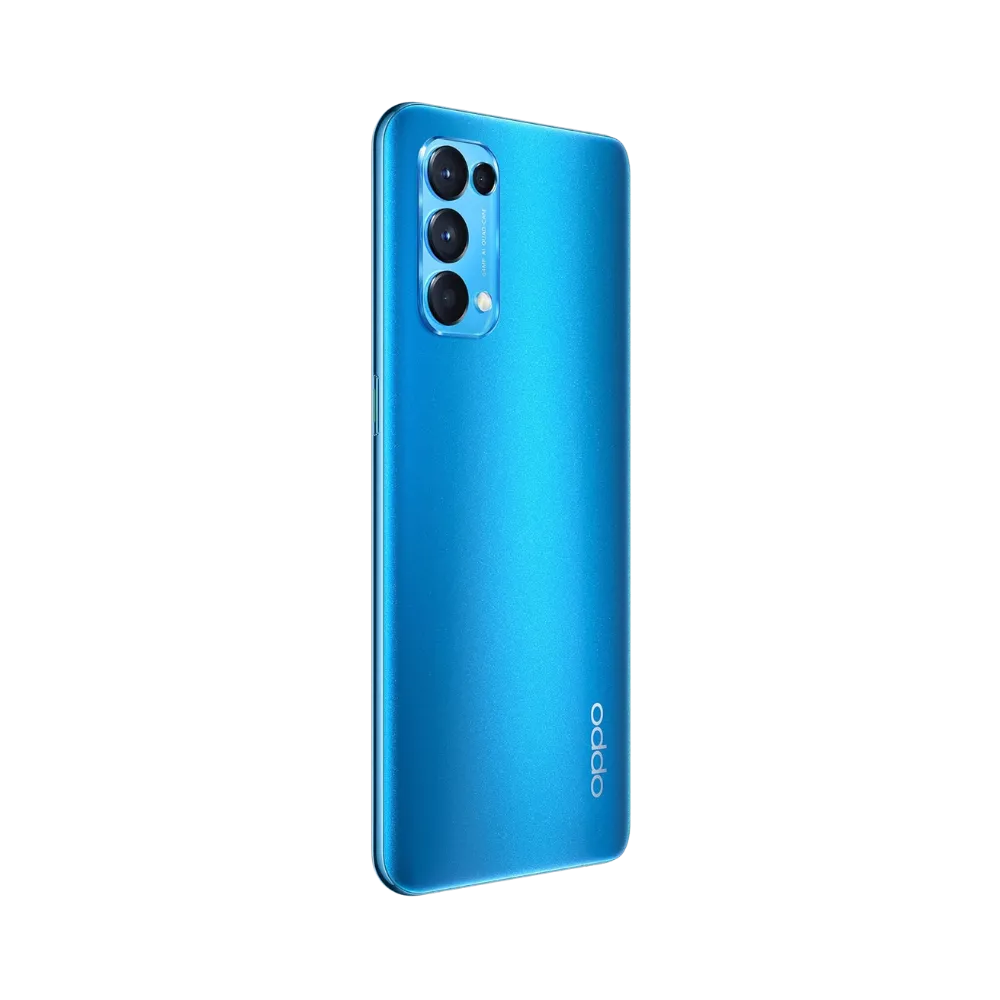 Smartphone Oppo Find X3 Lite en vue arrière couleur bleue, triple module photo aligné verticalement en haut à gauche. Photo iTelier Lyon pour réparation vitre arrière, batterie et diagnostic gratuit.