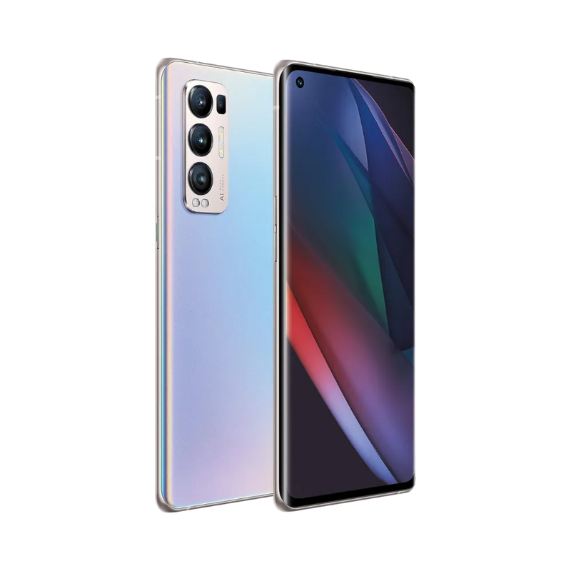 Oppo Find X3 Neo montré en vue arrière légèrement inclinée, finition bleu-rose brillante bien visible. Photo optimisée iTelier Lyon pour réparation vitre arrière, châssis et diagnostic gratuit.