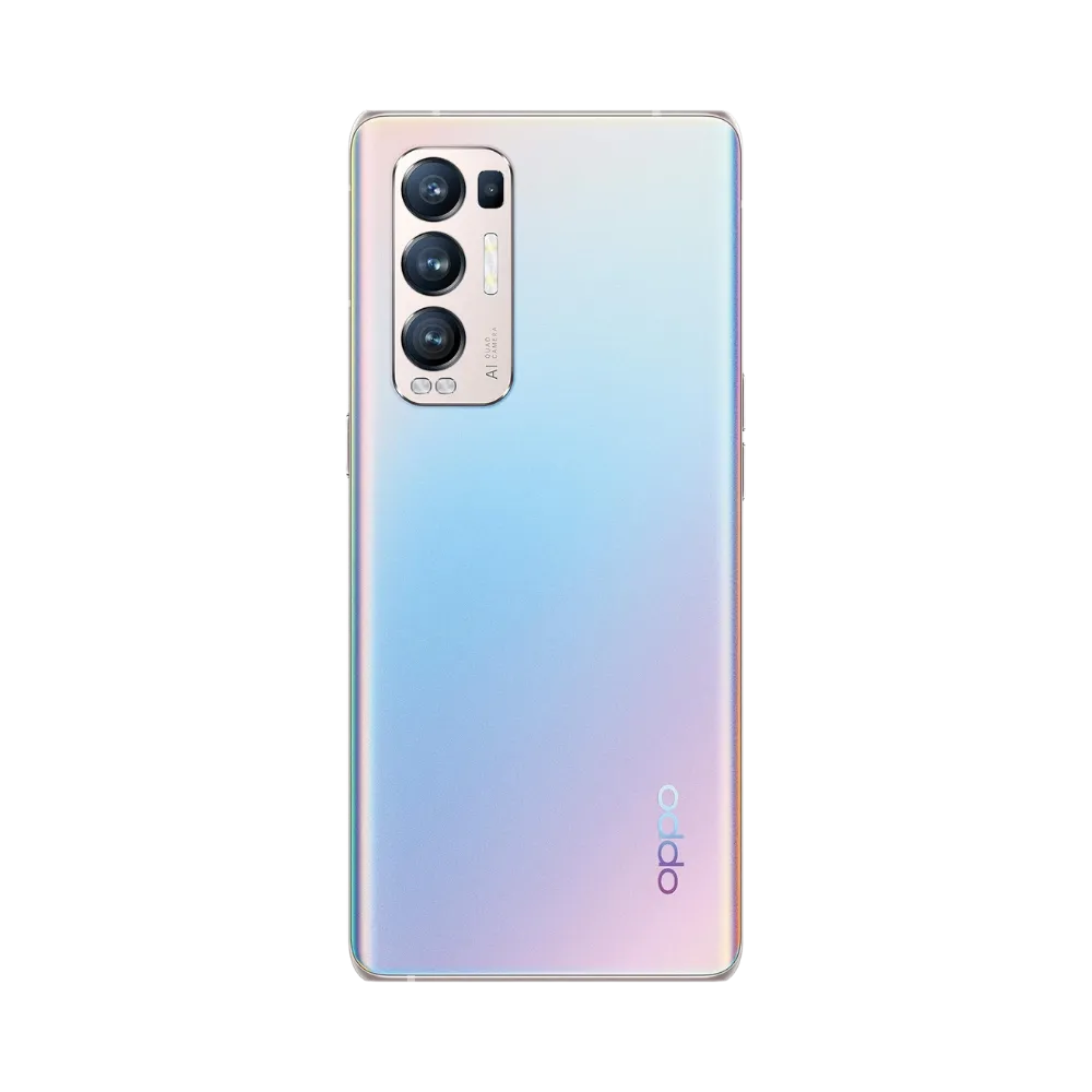Smartphone Oppo Find X3 Neo en vue arrière couleur bleu clair dégradé rose, triple module photo vertical bien visible en haut à gauche. Photo iTelier Lyon pour réparation vitre arrière, batterie et diagnostic gratuit.