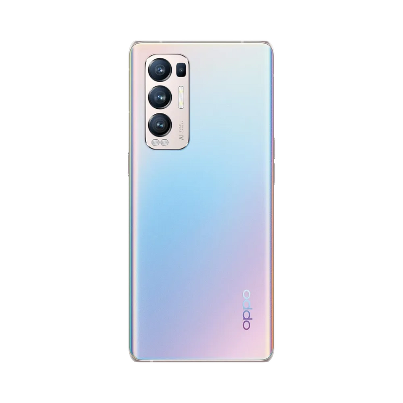 Smartphone Oppo Find X3 Neo en vue arrière couleur bleu clair dégradé rose, triple module photo vertical bien visible en haut à gauche. Photo iTelier Lyon pour réparation vitre arrière, batterie et diagnostic gratuit.