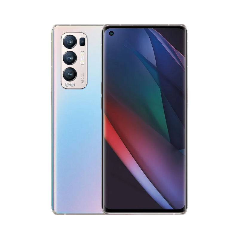 Photo Oppo Find X3 Neo en vue avant avec écran allumé et arrière dégradé bleu-rose visible, angle trois quarts. Image optimisée iTelier Lyon pour réparation écran AMOLED, batterie, diagnostic gratuit et pièces garanties.