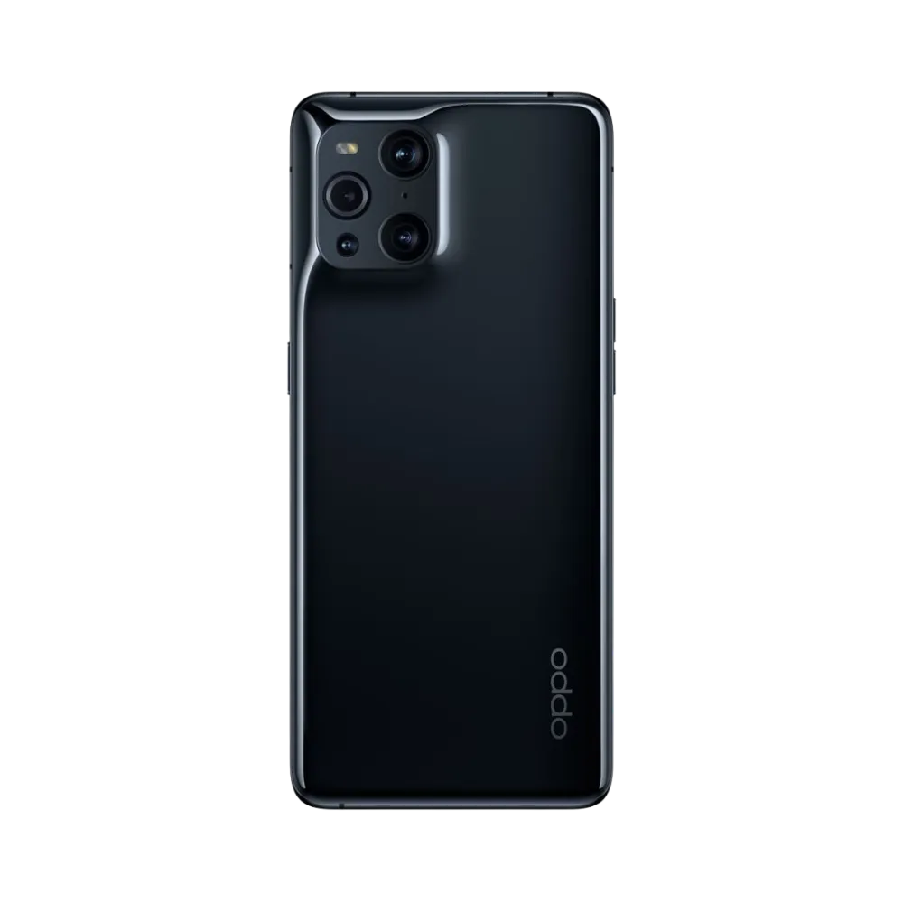 Smartphone Oppo Find X3 Pro en vue arrière couleur noire, module photo carré intégré en haut à gauche. Photo iTelier Lyon pour réparation vitre arrière, batterie et diagnostic gratuit avec garantie.