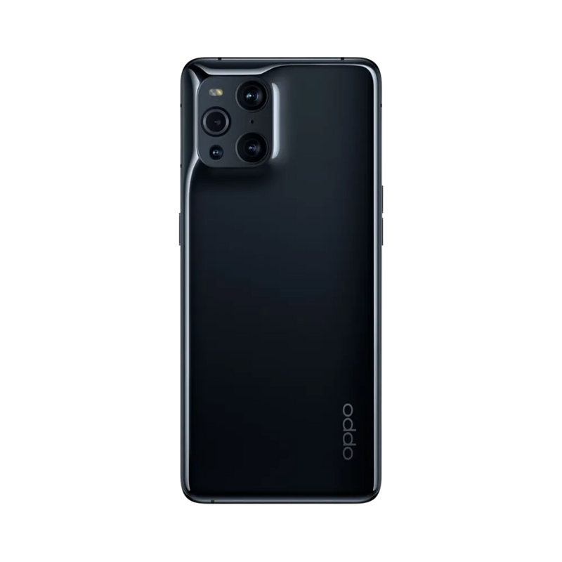 Smartphone Oppo Find X3 Pro en vue arrière couleur noire, module photo carré intégré en haut à gauche. Photo iTelier Lyon pour réparation vitre arrière, batterie et diagnostic gratuit avec garantie.