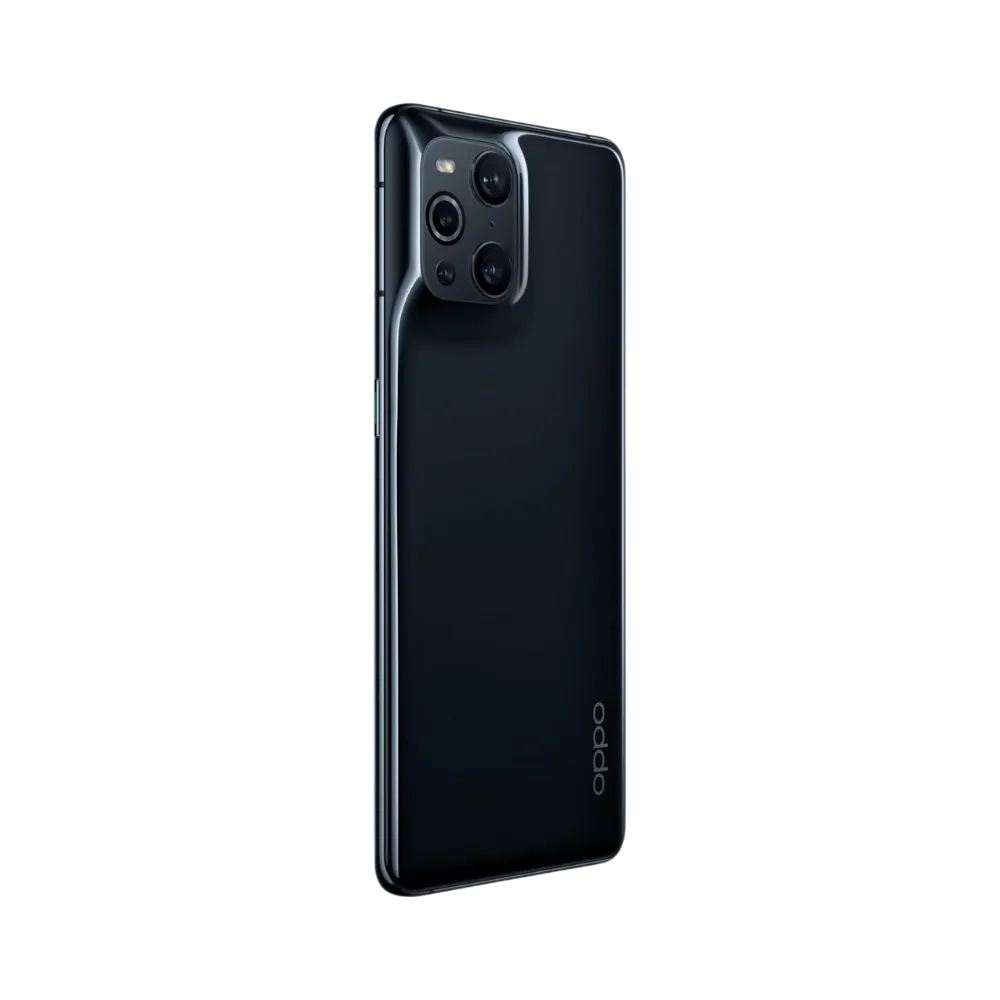 Oppo Find X3 Pro présenté en vue arrière légèrement de biais, finition brillante noire et module photo carré mis en valeur. Image optimisée iTelier Lyon pour réparation vitre arrière et diagnostic gratuit.
