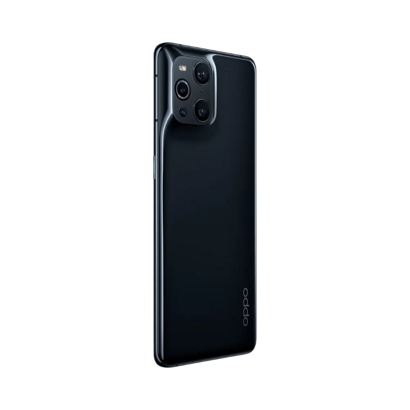 Oppo Find X3 Pro présenté en vue arrière légèrement de biais, finition brillante noire et module photo carré mis en valeur. Image optimisée iTelier Lyon pour réparation vitre arrière et diagnostic gratuit.