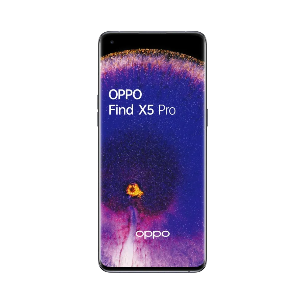 Oppo Find X5 Pro affiché en vue frontale avec écran allumé sur fond violet et orange. Illustration iTelier Lyon pour réparation écran cassé, vitre tactile, diagnostic offert et service rapide garanti.