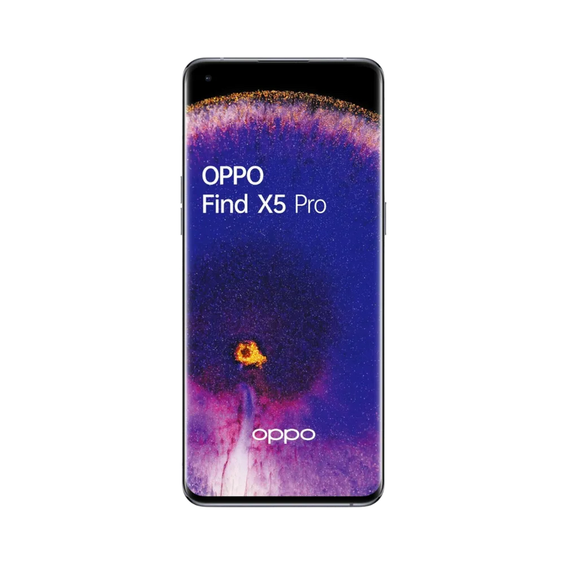 Oppo Find X5 Pro affiché en vue frontale avec écran allumé sur fond violet et orange. Illustration iTelier Lyon pour réparation écran cassé, vitre tactile, diagnostic offert et service rapide garanti.