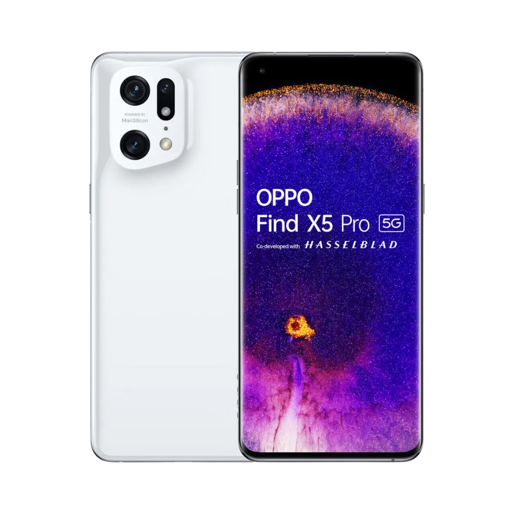 Photo Oppo Find X5 Pro en vue avant avec écran allumé et arrière blanc visible, angle trois quarts. Image optimisée iTelier Lyon pour réparation écran AMOLED, batterie, diagnostic gratuit et pièces garanties.