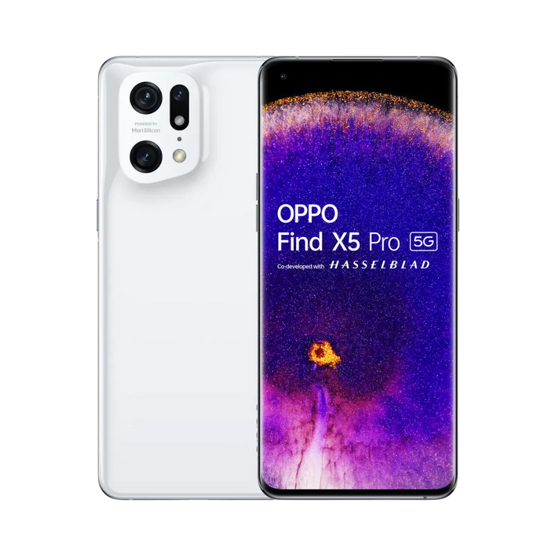 Photo Oppo Find X5 Pro en vue avant avec écran allumé et arrière blanc visible, angle trois quarts. Image optimisée iTelier Lyon pour réparation écran AMOLED, batterie, diagnostic gratuit et pièces garanties.