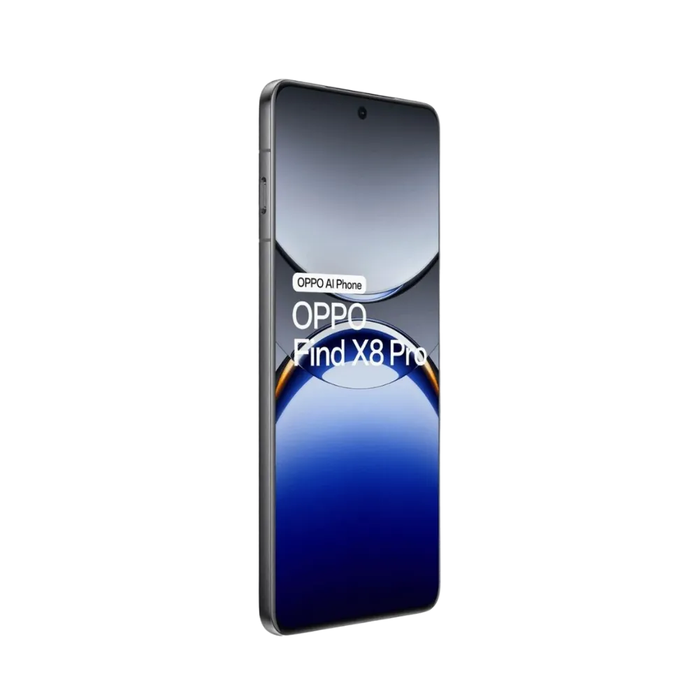 Oppo Find X8 Pro affiché en vue frontale avec écran allumé sur fond bleu et gris métallique. Illustration iTelier Lyon pour réparation écran cassé, vitre tactile, diagnostic offert et service rapide garanti.