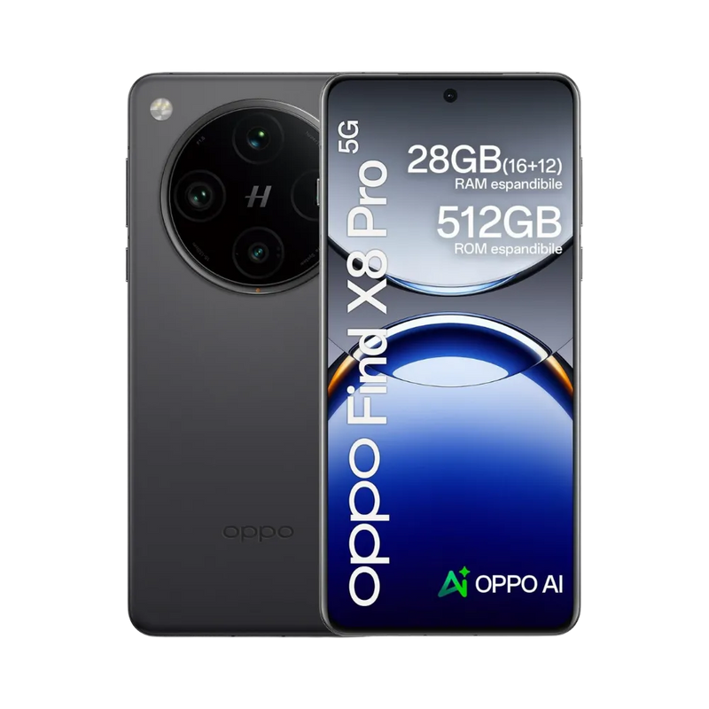 Photo Oppo Find X8 Pro en vue avant avec écran allumé et arrière gris visible, angle trois quarts. Image optimisée iTelier Lyon pour réparation écran, batterie, diagnostic gratuit et pièces garanties.