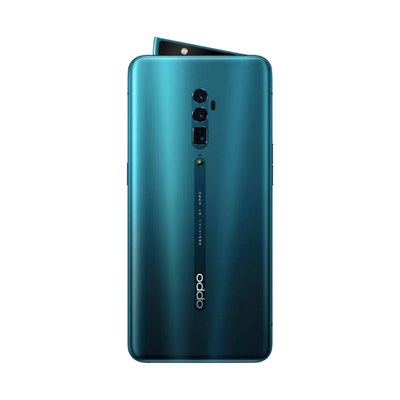 Smartphone Oppo Reno 10X Zoom en vue arrière bleu-vert, triple module photo vertical centré. Photo iTelier Lyon pour réparation vitre arrière, batterie et diagnostic gratuit avec garantie.