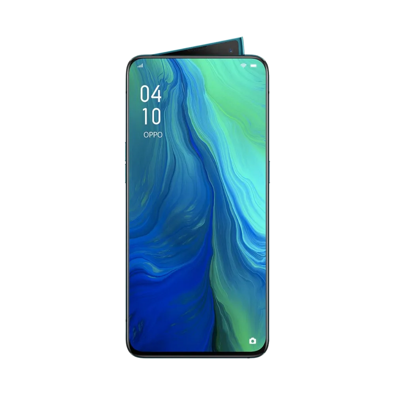 Oppo Reno 10X Zoom affiché en vue frontale avec écran allumé sur fond dégradé bleu et vert. Illustration iTelier Lyon pour réparation écran cassé, vitre tactile, diagnostic offert et service rapide garanti.