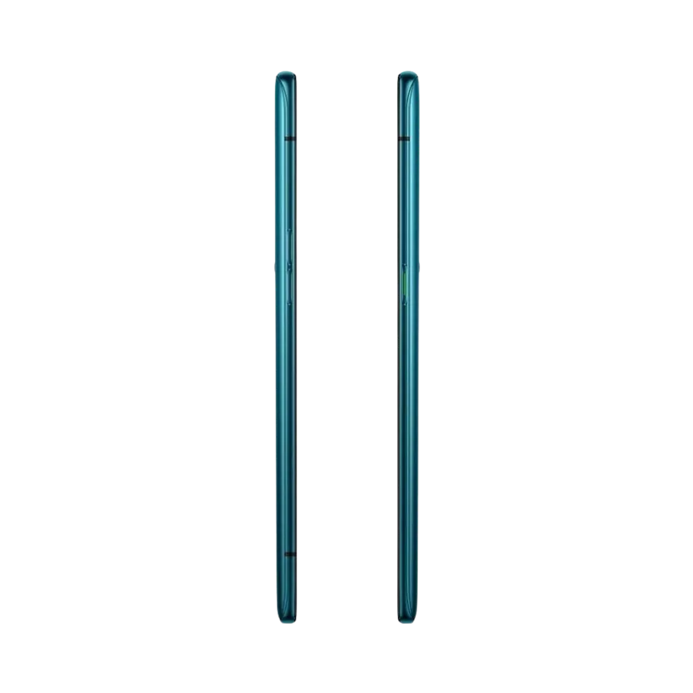 Oppo Reno 10X Zoom présenté de profil gauche et droit, finesse du châssis bleu-vert et boutons latéraux visibles. Image optimisée iTelier Lyon pour réparation boutons, connecteur et diagnostic gratuit.