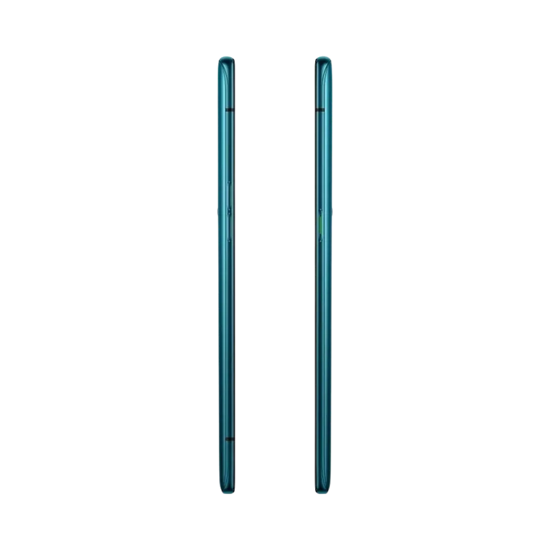 Oppo Reno 10X Zoom présenté de profil gauche et droit, finesse du châssis bleu-vert et boutons latéraux visibles. Image optimisée iTelier Lyon pour réparation boutons, connecteur et diagnostic gratuit.