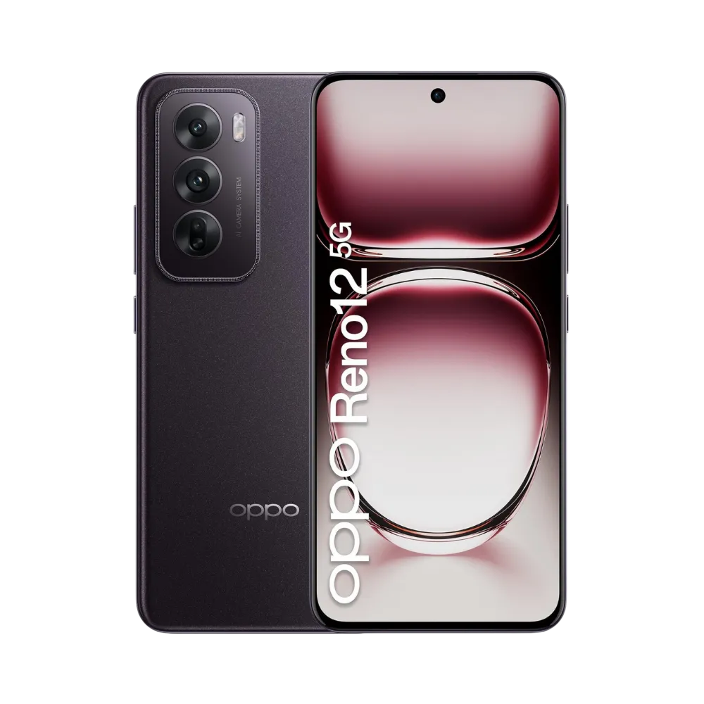 Photo Oppo Reno 12 5G en vue avant avec écran allumé et arrière violet foncé visible, angle trois quarts. Image optimisée iTelier Lyon pour réparation écran AMOLED, batterie, diagnostic gratuit et pièces garanties.