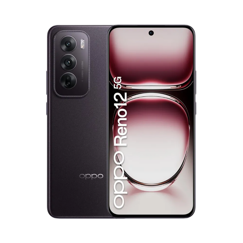 Photo Oppo Reno 12 5G en vue avant avec écran allumé et arrière violet foncé visible, angle trois quarts. Image optimisée iTelier Lyon pour réparation écran AMOLED, batterie, diagnostic gratuit et pièces garanties.