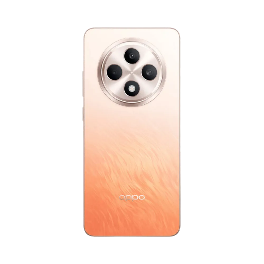 Smartphone Oppo Reno 12 FS 5G en vue arrière couleur orange dégradé clair, triple module photo circulaire centré en haut. Photo iTelier Lyon pour réparation vitre arrière, batterie et diagnostic gratuit.
