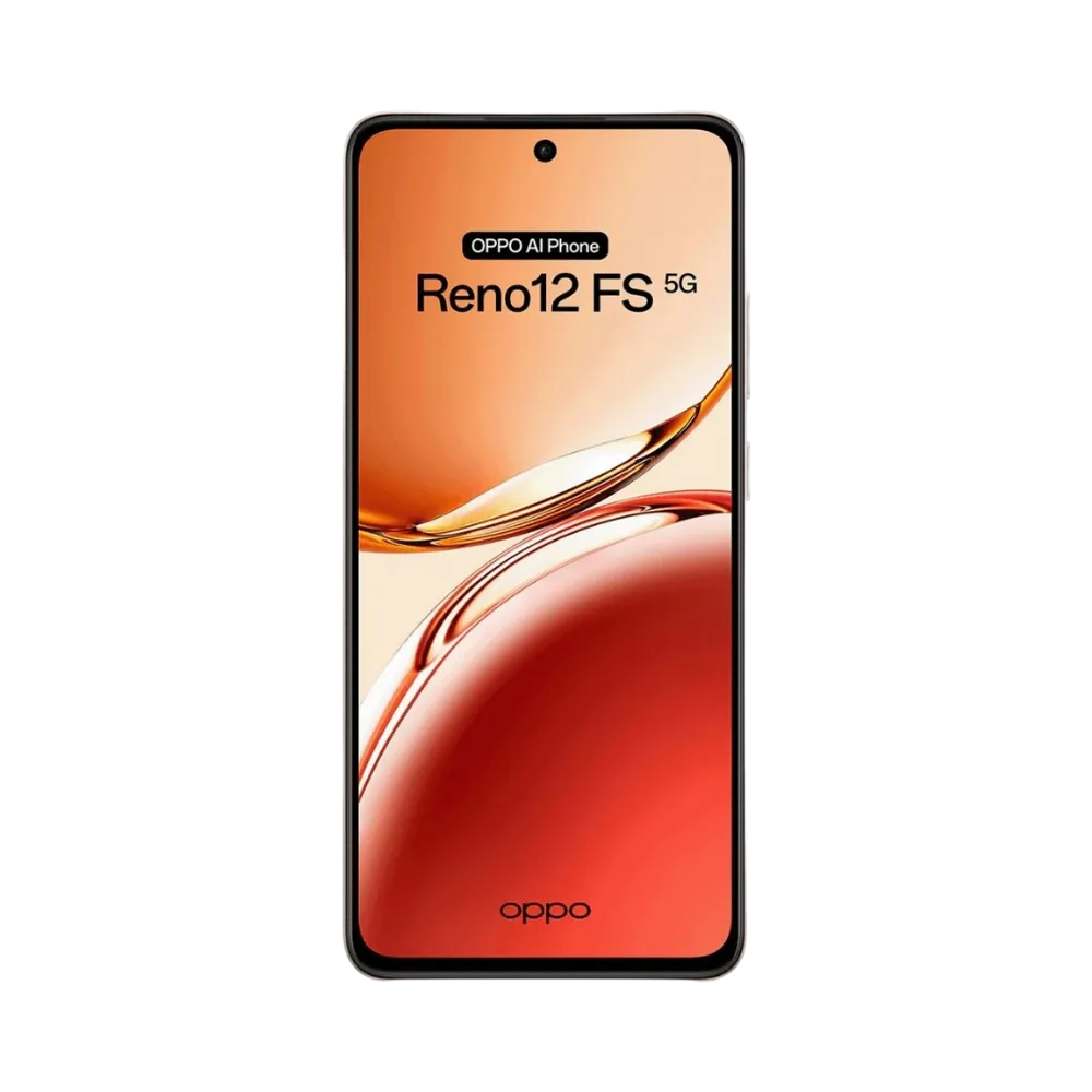 Oppo Reno 12 FS 5G affiché en vue frontale avec écran allumé sur fond rouge et orange. Illustration iTelier Lyon pour réparation écran cassé, vitre tactile, diagnostic offert et service rapide garanti.
