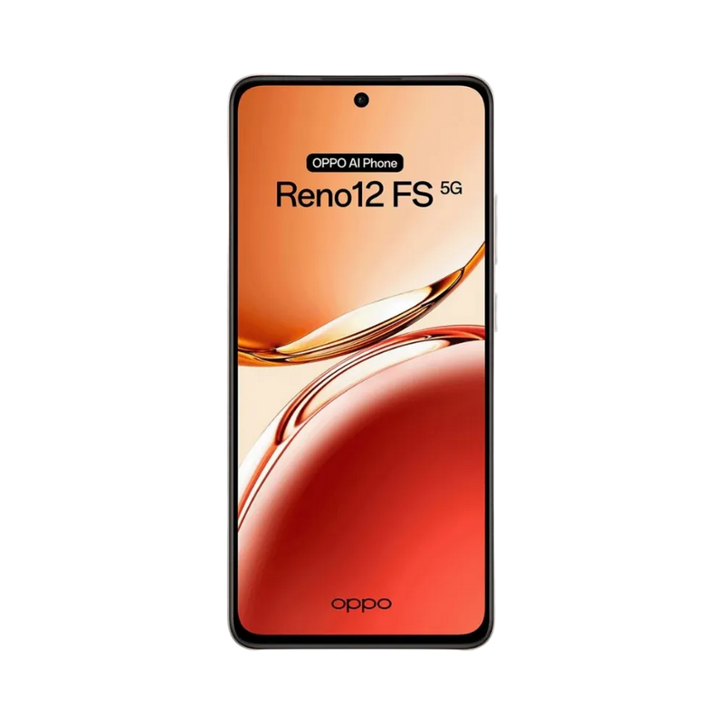 Oppo Reno 12 FS 5G affiché en vue frontale avec écran allumé sur fond rouge et orange. Illustration iTelier Lyon pour réparation écran cassé, vitre tactile, diagnostic offert et service rapide garanti.