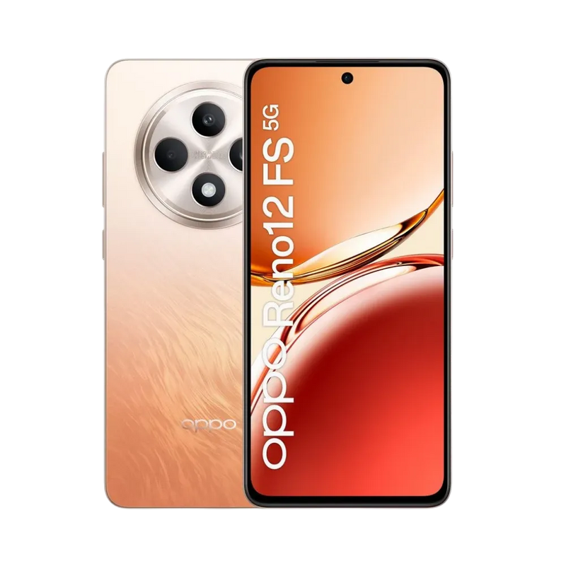 Photo Oppo Reno 12 FS 5G en vue avant avec écran allumé et arrière dégradé orange visible, angle trois quarts. Image optimisée iTelier Lyon pour réparation écran AMOLED, batterie, diagnostic gratuit et pièces garanties.