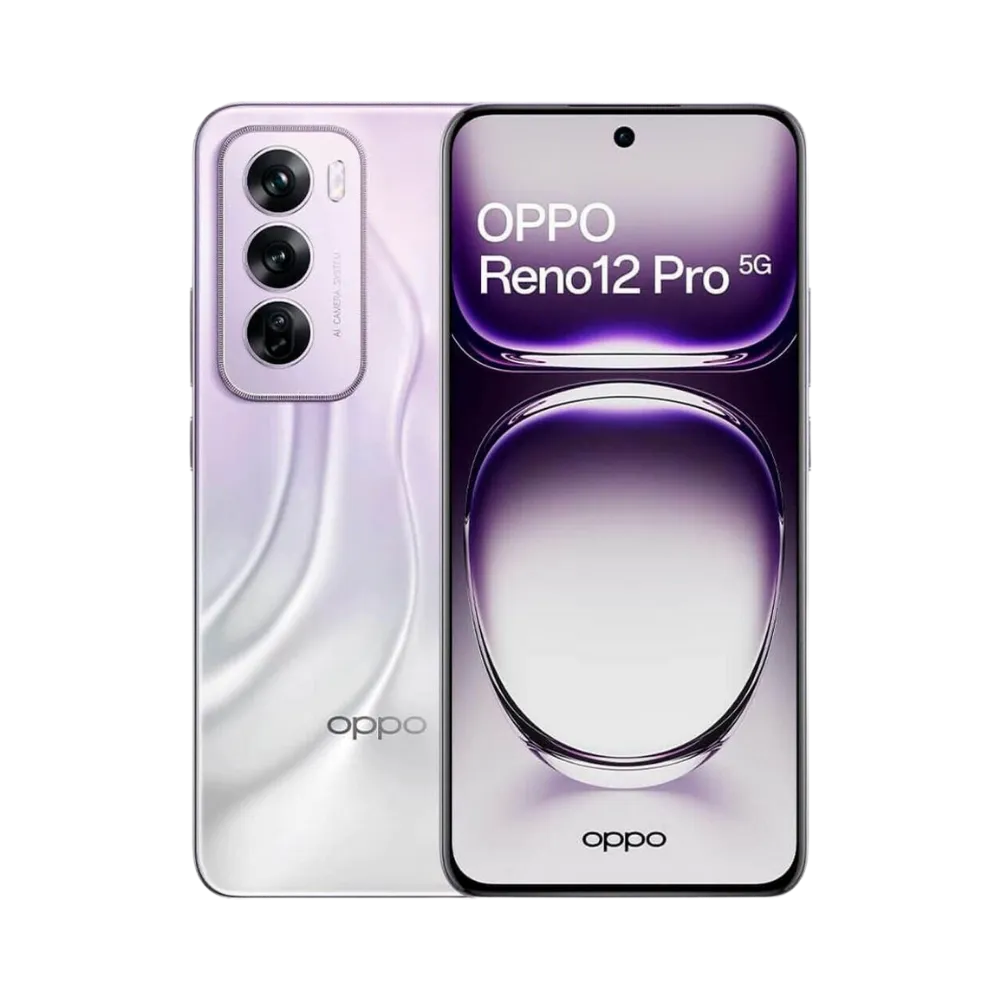 Photo Oppo Reno 12 Pro en vue avant avec écran allumé et arrière nacré visible, angle trois quarts. Image optimisée iTelier Lyon pour réparation écran AMOLED, batterie, diagnostic gratuit et pièces garanties.