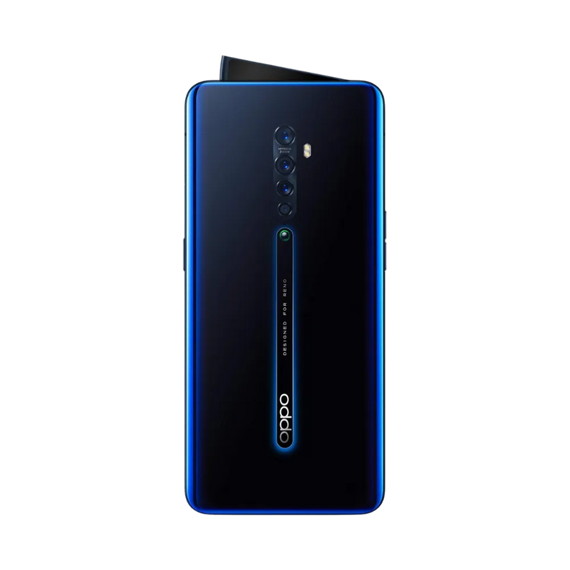 Smartphone Oppo Reno 2 en vue arrière couleur bleu foncé, quadruple module photo centré verticalement avec flash. Photo iTelier Lyon pour réparation vitre arrière, batterie et diagnostic gratuit avec garantie.