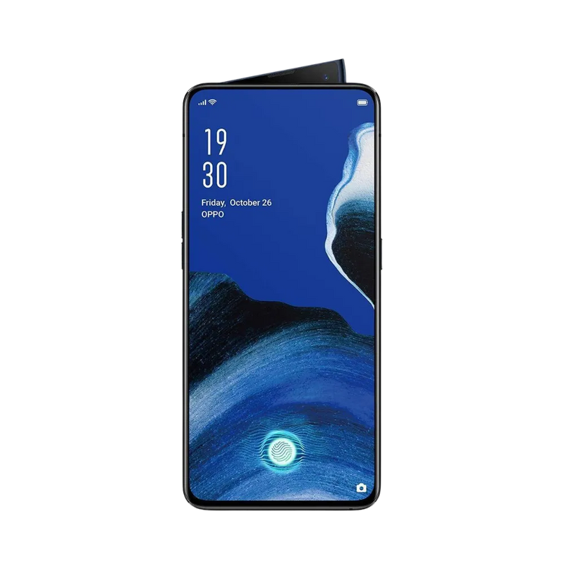 Oppo Reno 2 affiché en vue frontale avec écran allumé bleu et caméra frontale pop-up sortie en haut. Illustration iTelier Lyon pour réparation écran cassé, vitre tactile, diagnostic offert et service rapide garanti.