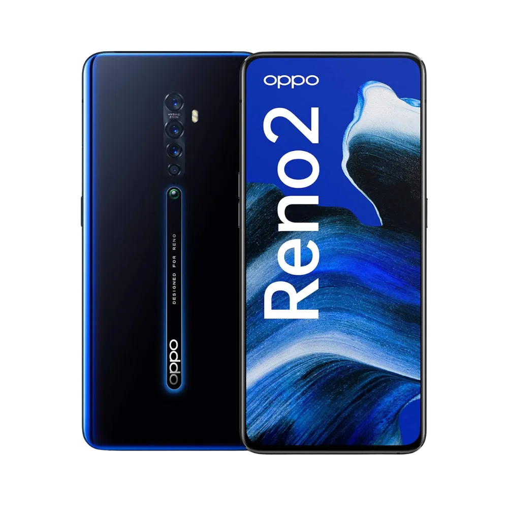 Photo Oppo Reno 2 en vue avant avec écran allumé et arrière bleu foncé visible, angle trois quarts. Image optimisée iTelier Lyon pour réparation écran AMOLED, batterie, diagnostic gratuit et pièces garanties.
