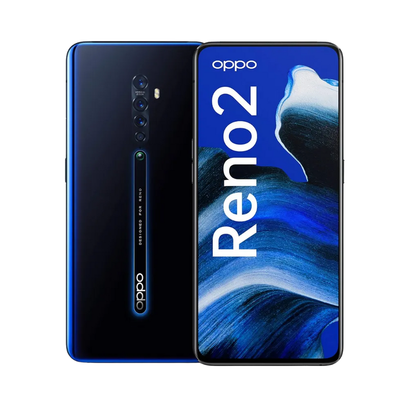 Photo Oppo Reno 2 en vue avant avec écran allumé et arrière bleu foncé visible, angle trois quarts. Image optimisée iTelier Lyon pour réparation écran AMOLED, batterie, diagnostic gratuit et pièces garanties.