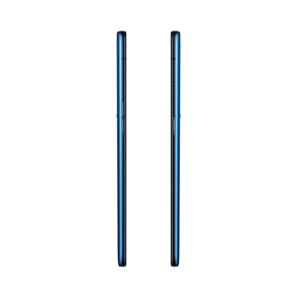 Oppo Reno 2 présenté de profil gauche et droit, finesse du châssis bleu foncé et boutons latéraux visibles. Image optimisée iTelier Lyon pour réparation boutons, connecteur et diagnostic gratuit.
