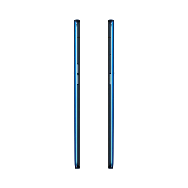 Oppo Reno 2 présenté de profil gauche et droit, finesse du châssis bleu foncé et boutons latéraux visibles. Image optimisée iTelier Lyon pour réparation boutons, connecteur et diagnostic gratuit.