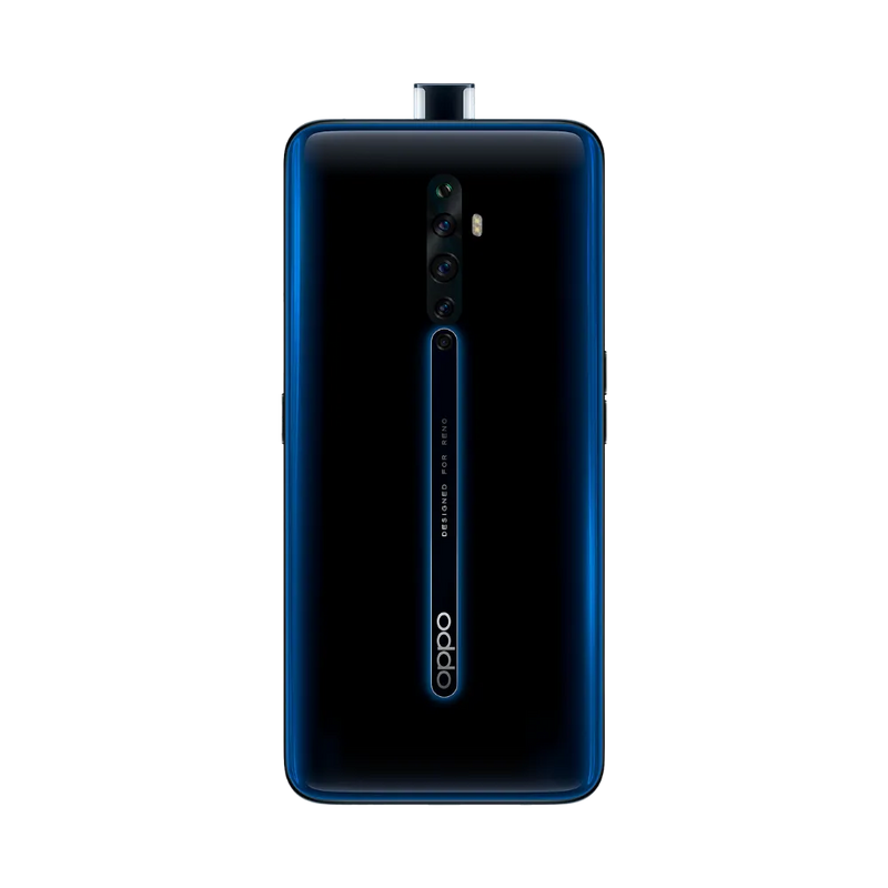 Smartphone Oppo Reno 2Z en vue arrière couleur noir bleuté, quadruple module photo centré verticalement avec flash. Photo iTelier Lyon pour réparation vitre arrière, batterie et diagnostic gratuit avec garantie.