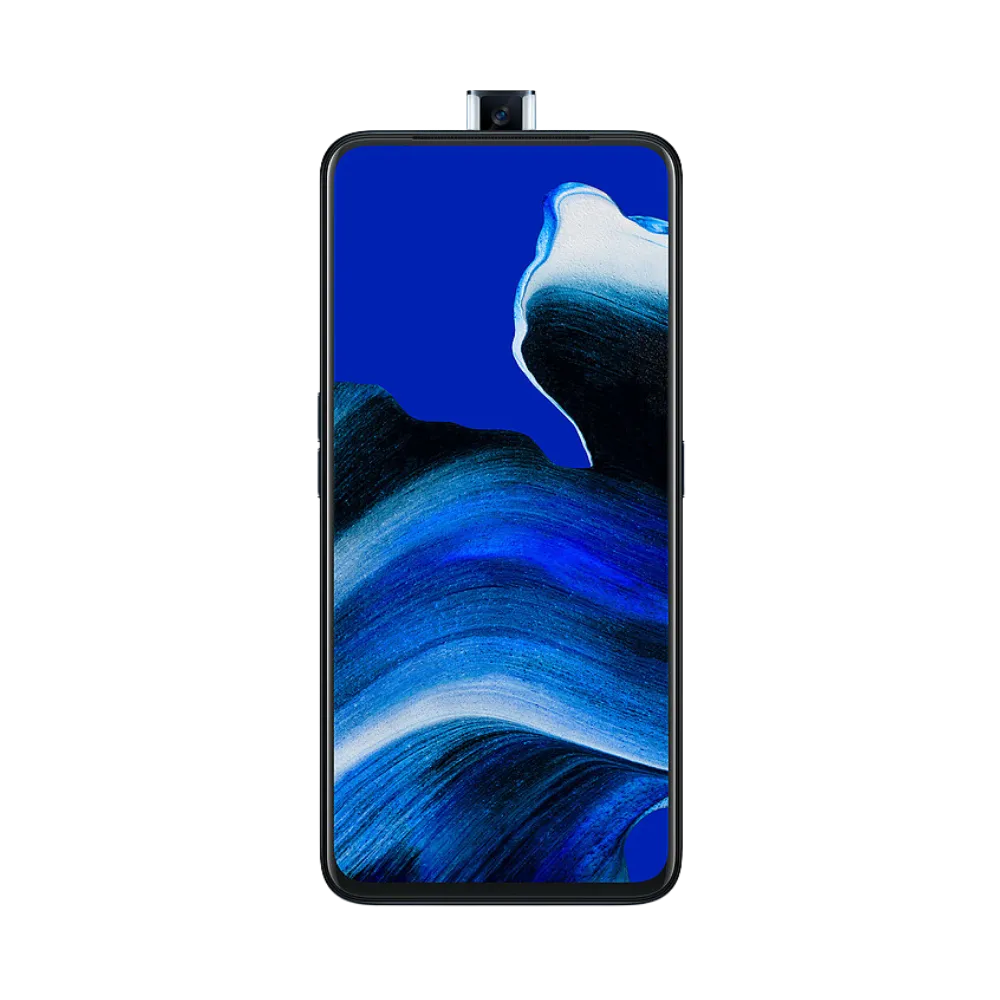 Oppo Reno 2Z affiché en vue frontale avec écran allumé bleu et caméra frontale pop-up sortie en haut. Illustration iTelier Lyon pour réparation écran cassé, vitre tactile, diagnostic offert et service rapide garanti.