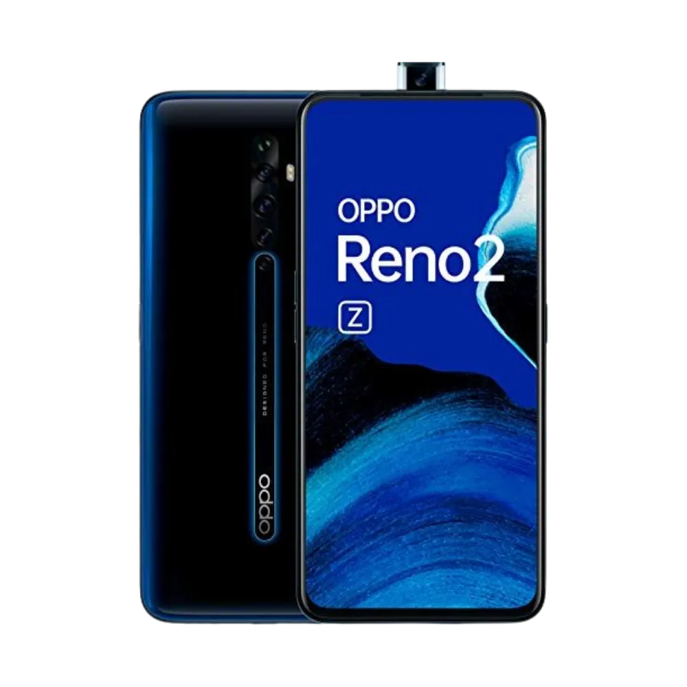 Photo Oppo Reno 2Z en vue avant avec écran allumé et arrière noir bleuté visible, angle trois quarts. Image optimisée iTelier Lyon pour réparation écran AMOLED, batterie, diagnostic gratuit et pièces garanties.