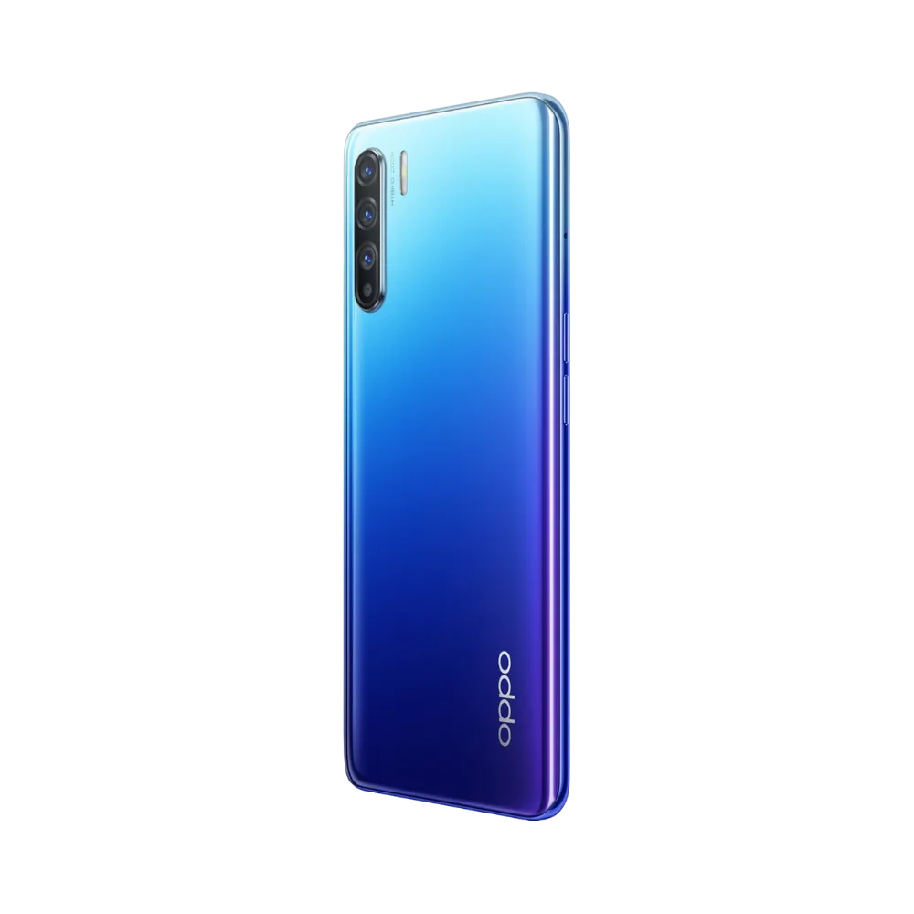 Smartphone Oppo Reno 3 5G en vue arrière couleur bleu-violet dégradé, quadruple module photo vertical en haut à gauche. Photo iTelier Lyon pour réparation vitre arrière, batterie et diagnostic gratuit avec garantie.